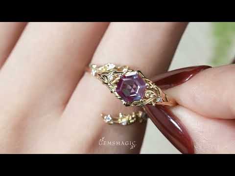 Hexagon Cut Alexandrite Nature Inspired Nolana Bridal Ring Set With Ring Enhancer | GemsMagic