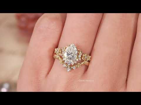 Pear Cut Moissanite Moon And Flower Inspired Bridal Ring Set
