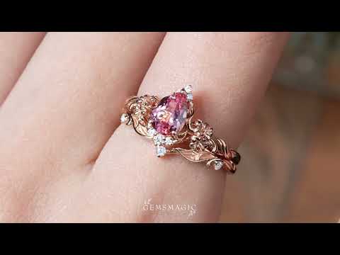 Pear Cut Padparadscha Gladiolus Flower Nature Inspired New Art Nouveau Bridal Ring Set - Cordelia | GemsMagic