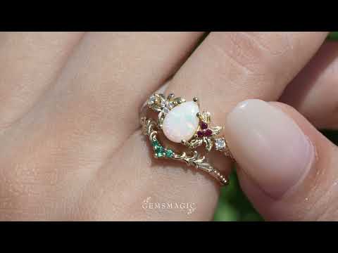 Pear Cut Natural Opal Mistletoe Nature Inspired Unique Bridal Ring Set - Amabel | GemsMagic