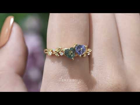 Heart Cut Moss Agate And Cornflower Sapphire Leaf Inspired Toi et Moi Engagement Ring - Eveline | GemsMagic