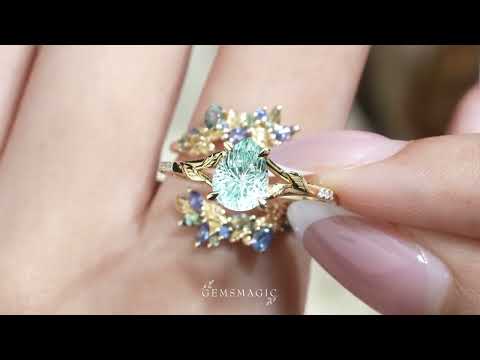 Whimsical Sparkle Cut Pear Green Sapphire Leaf Inspired Bridal Ring Set With Ring Enhancer - Veralia | GemsMagic