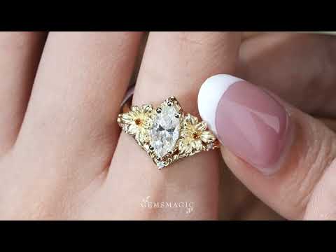 Nature Inspired Marquise Cut Moissanite Alstroemeria Hybrida Flower Inspired Vintage Bridal Ring Set - Annelise | GemsMagic