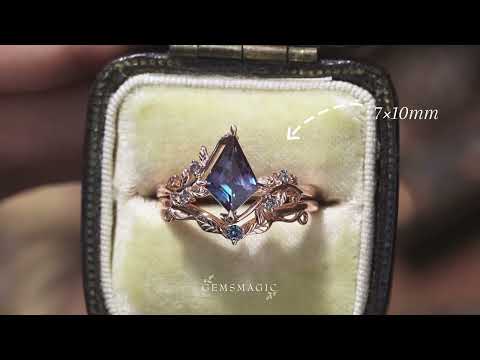 Kite Shaped Alexandrite Leaves Engagement Ring Set 2pcs - GemsMagic