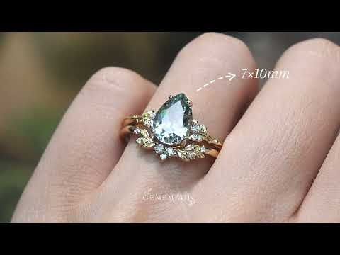 Pear Green Sapphire Leaf Inspired Bridal Ring Set - GemsMagic