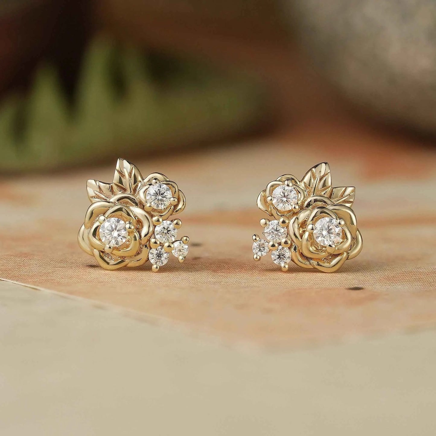 Rose and Leafy Design Moissanite Earrings - GemsMagic
