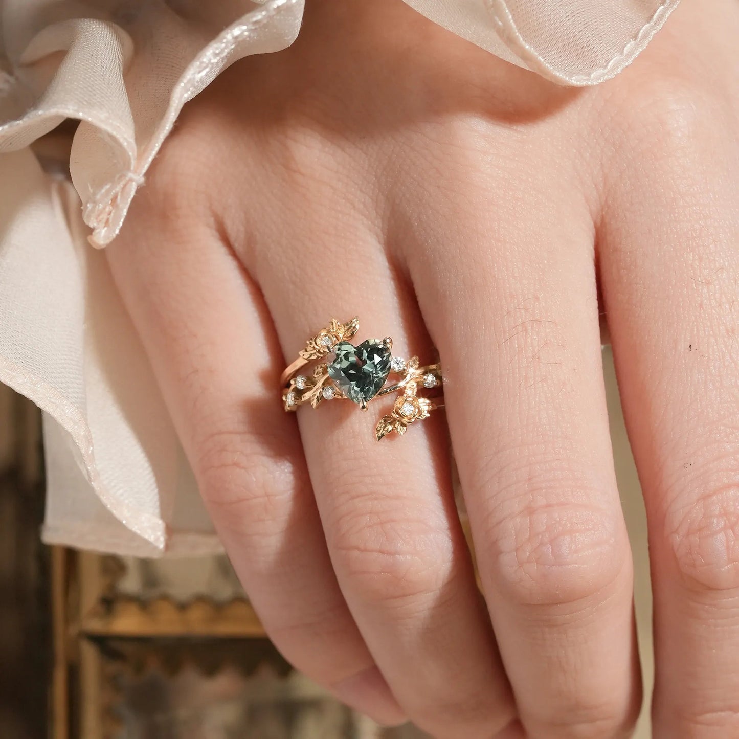 Rose Blossom: Heart Shaped Green Sapphire Leaf Engagement Ring Set | Katherine - GemsMagic