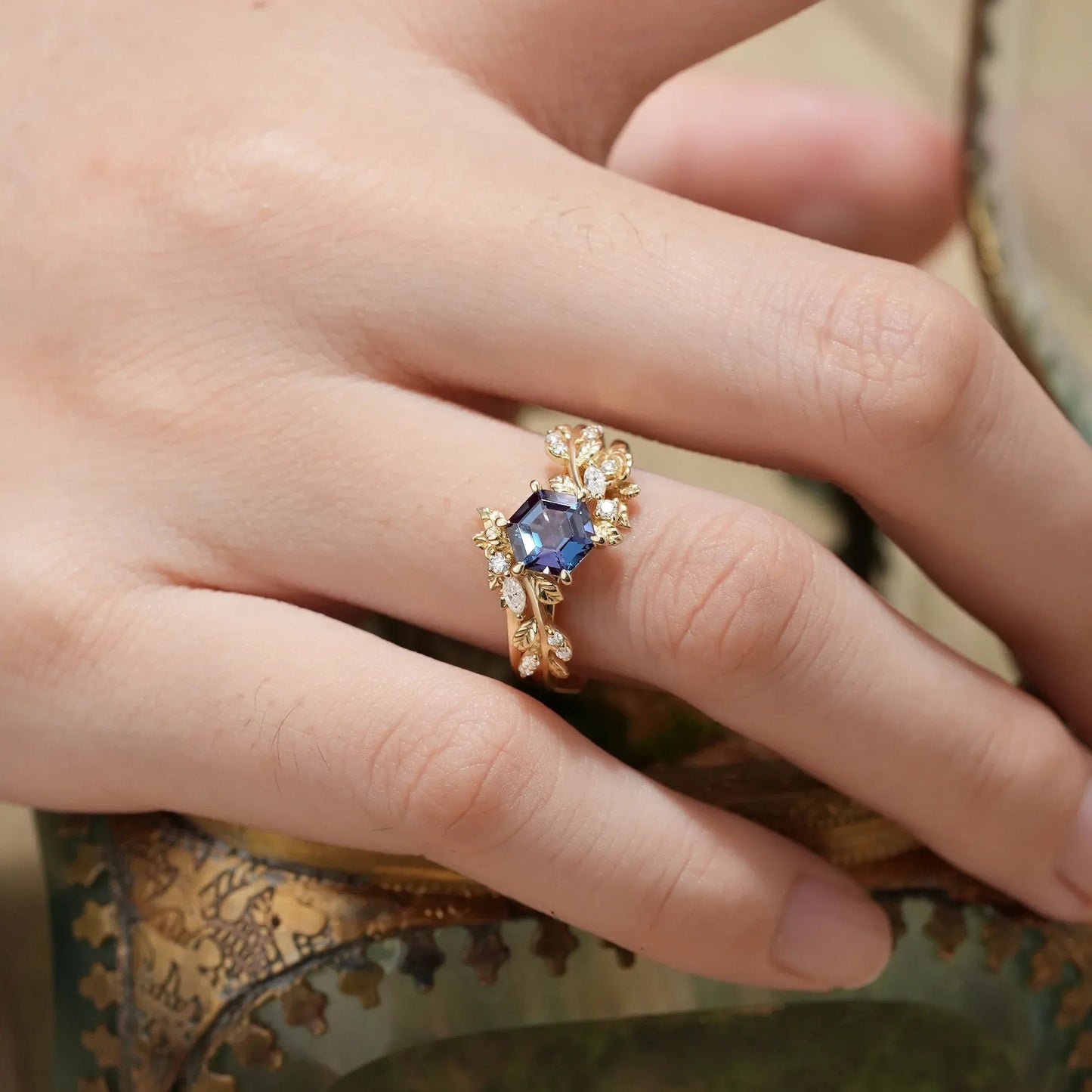 Rose Blossom | Hexagon Cut Alexandrite Engagement Ring Set - Delilah - GemsMagic