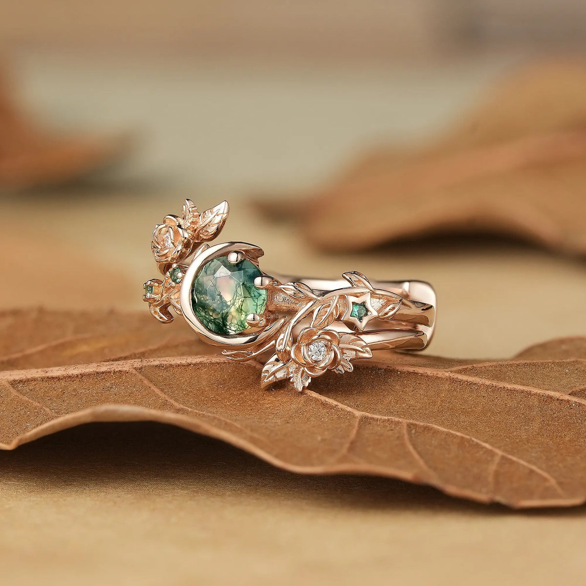 Rose Blossom: Moon Encircled Moss Agate Enhancer Ring Set | Nicole - GemsMagic