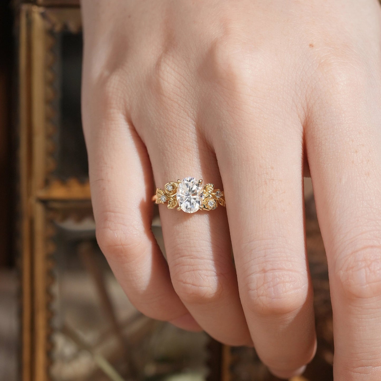 Rose Blossom: Nature Inspired Oval Cut Moissanite Engagement Ring - Evangeline - GemsMagic