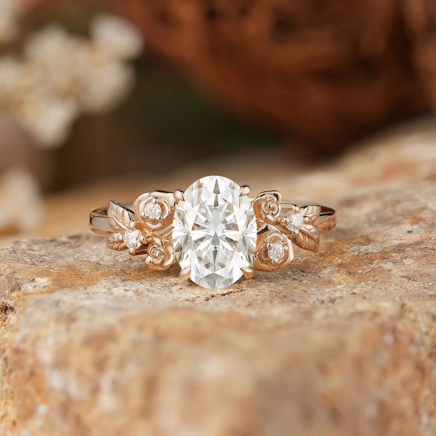 Rose Blossom: Nature Inspired Oval Cut Moissanite Engagement Ring - Evangeline - GemsMagic