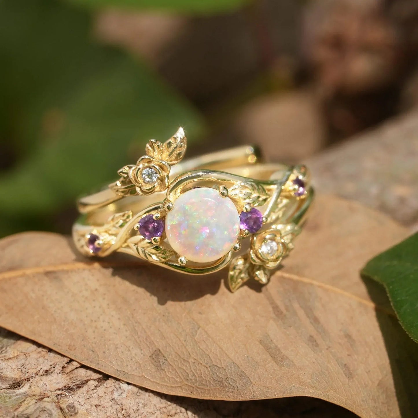 Rose Blossom: Opal Ring Set with Amethyst | Talia - GemsMagic