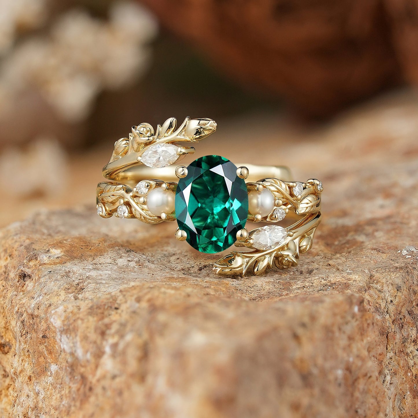 Rose Blossom: Oval Cut Lab Emerald & Pearl Nature Inspired Bridal Ring Set - GemsMagic