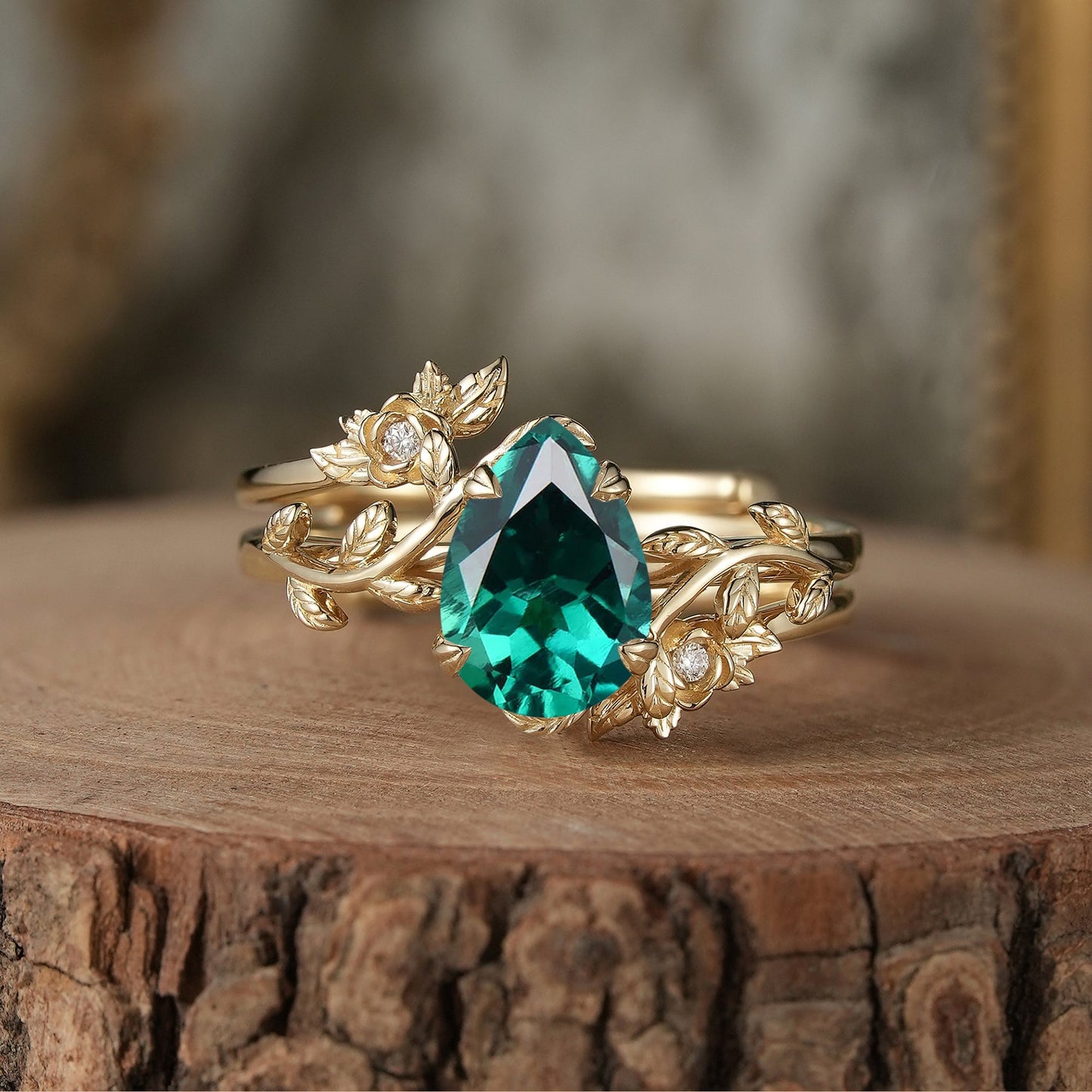 Rose Blossom: Pear - Cut Emerald Leaf Ring Set - Helena - GemsMagic