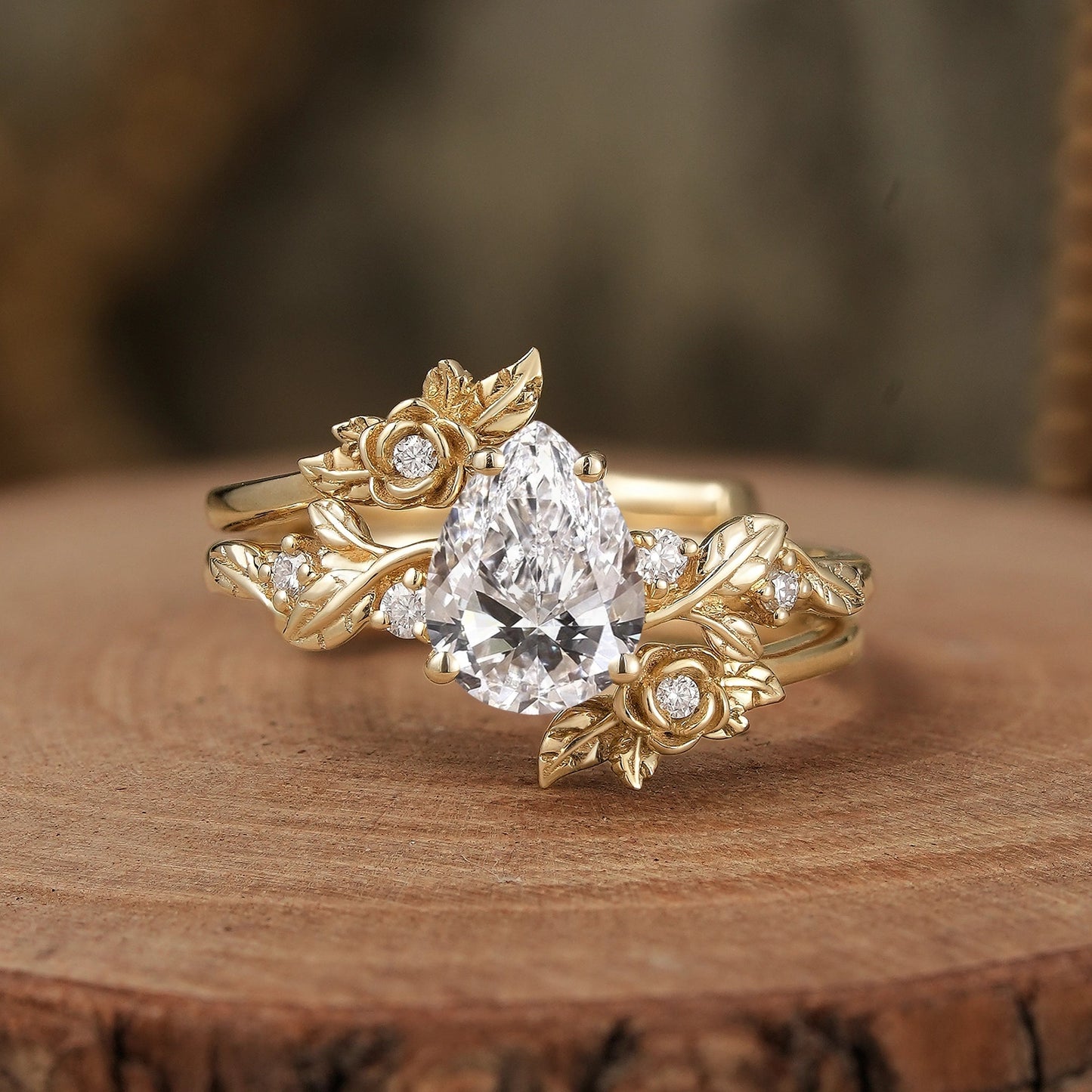 Rose Blossom: Pear - Cut Lab Grown Diamond Floral Ring Set - Camille | GemsMagic - GemsMagic