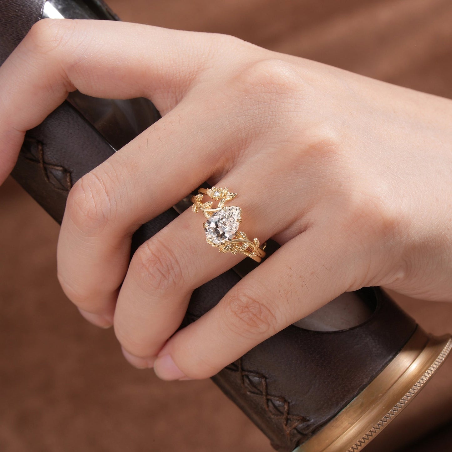 Rose Blossom: Pear - Cut Lab Grown Diamond Leaf Ring Set - Helena | GemsMagic - GemsMagic