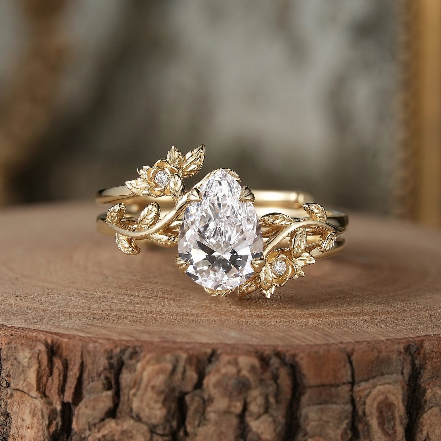 Rose Blossom: Pear - Cut Lab Grown Diamond Leaf Ring Set - Helena | GemsMagic - GemsMagic