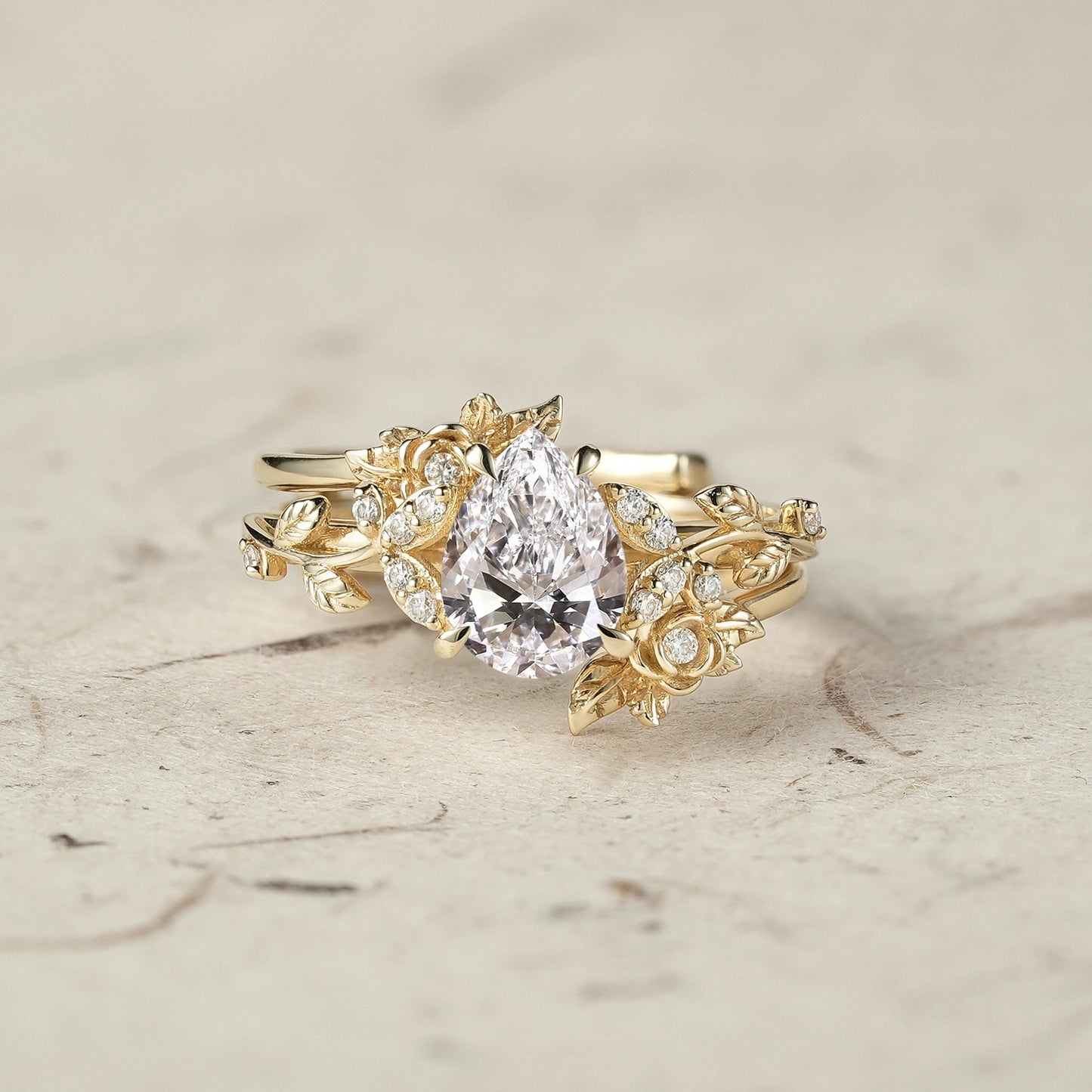 Rose Blossom: Pear Cut Lab Grown Diamond Leaf Ring Set - Jade | GemsMagic - GemsMagic