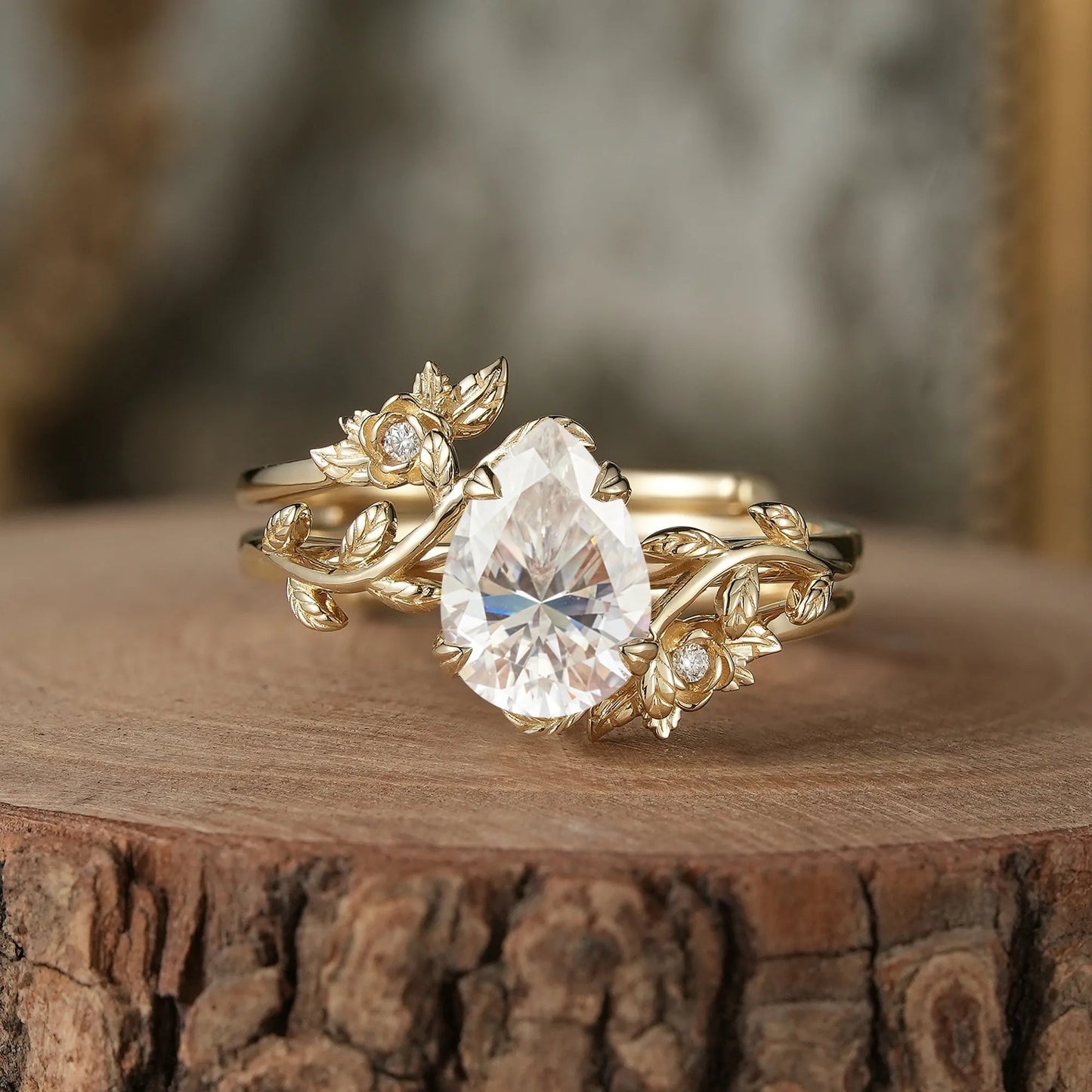 Rose Blossom: Pear - Cut Moissanite Leaf Ring Set - Helena - GemsMagic