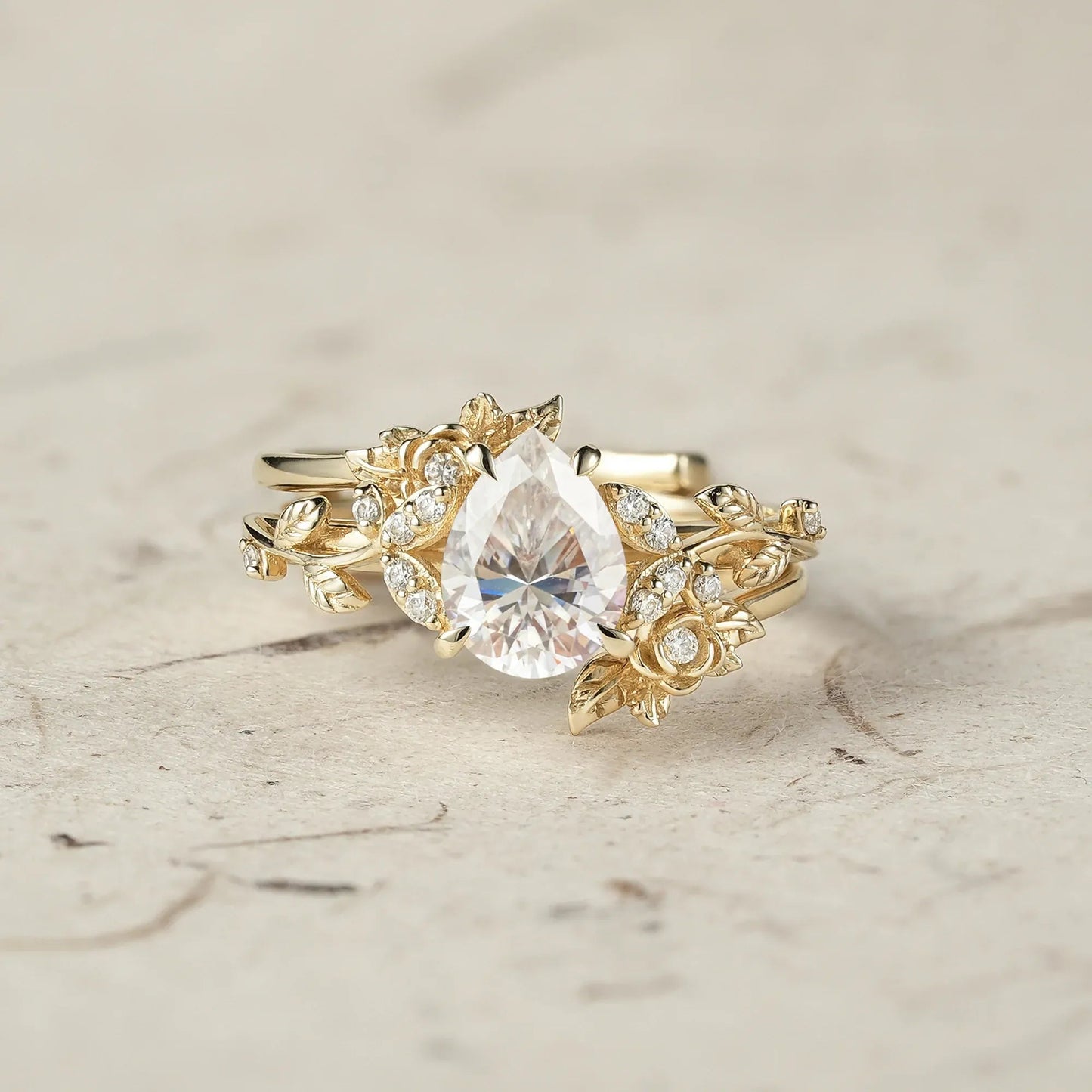 Rose Blossom: Pear Cut Moissanite Leaf Ring Set | Jade - GemsMagic