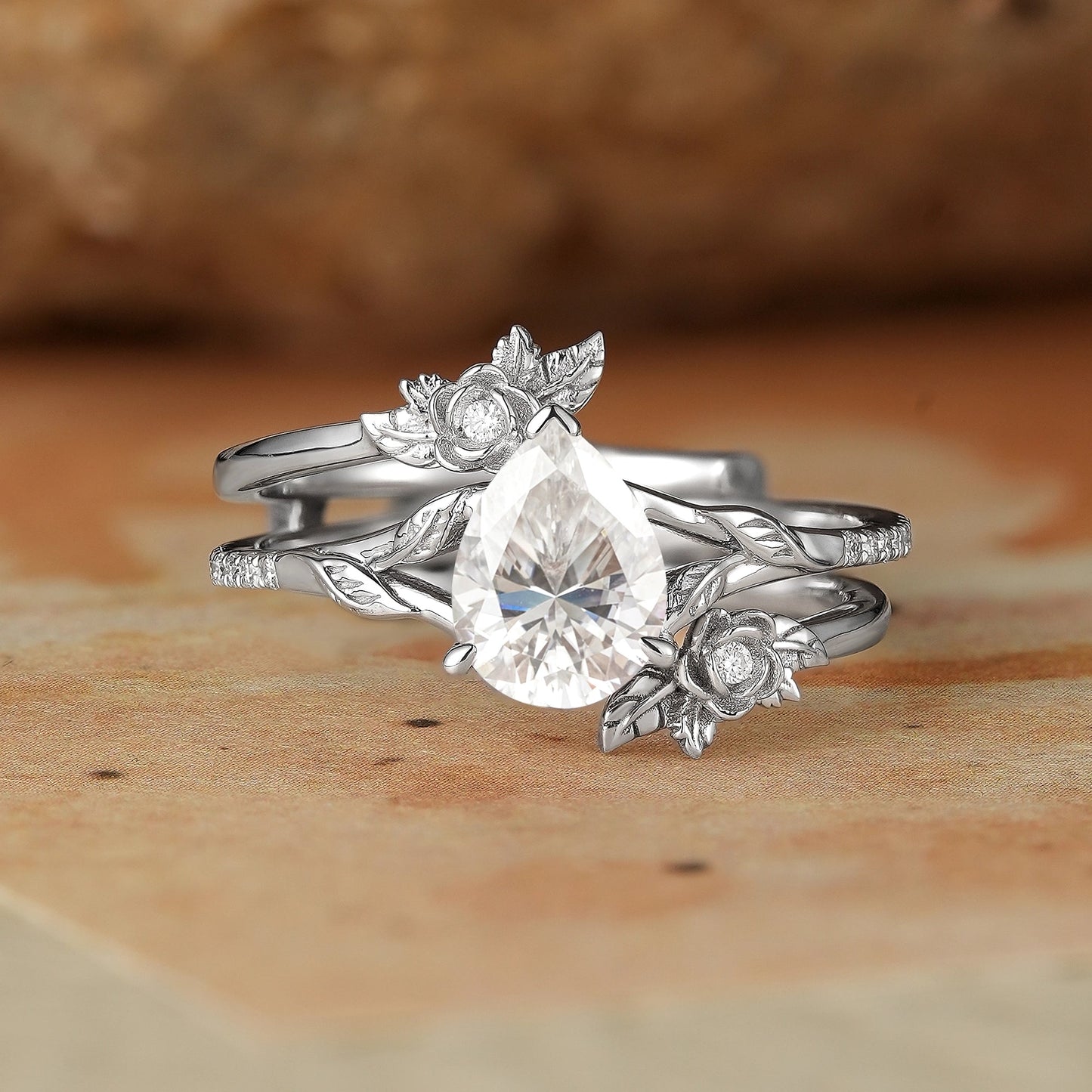 Rose Blossom: Pear Cut Moissanite White Gold Ring Set - Juno - GemsMagic