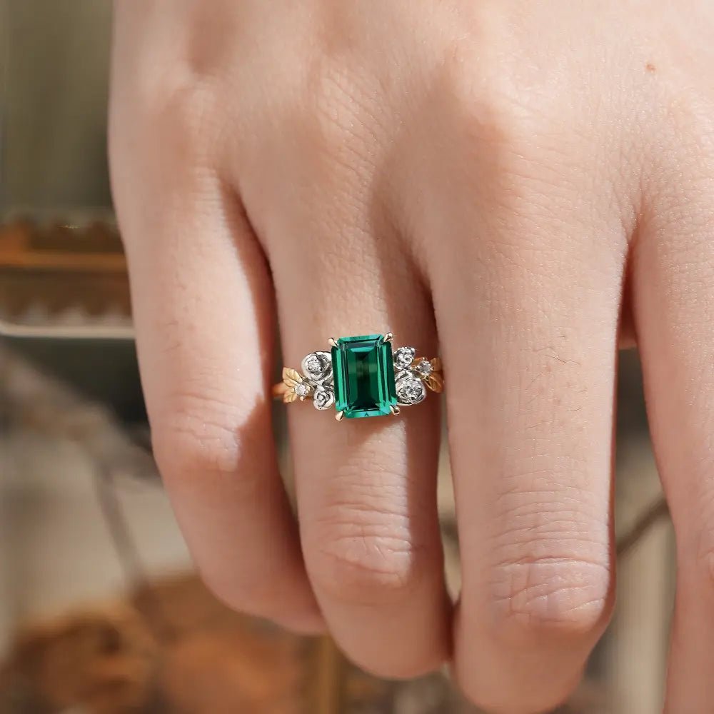 Rose Blossom: Vintage Two - Tone Emerald Ring - Trinity - GemsMagic