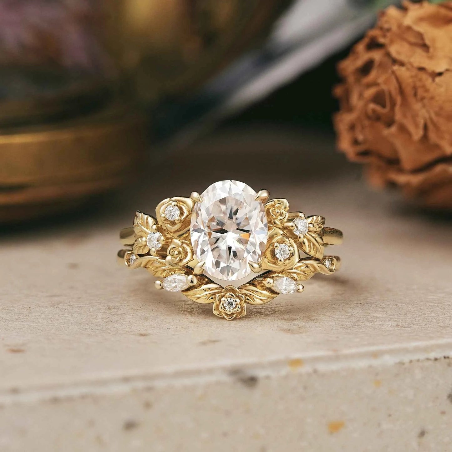 Rose Inspired Oval Cut Moissanite Flower Bridal Ring Set - Donna - GemsMagic