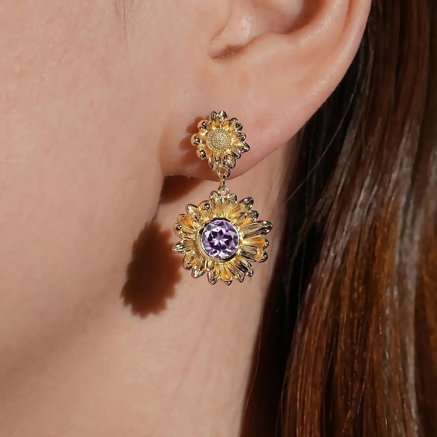 Round Cut Amethyst Earrings Sunflower Inspired Gift For Her - Ruth - GemsMagic