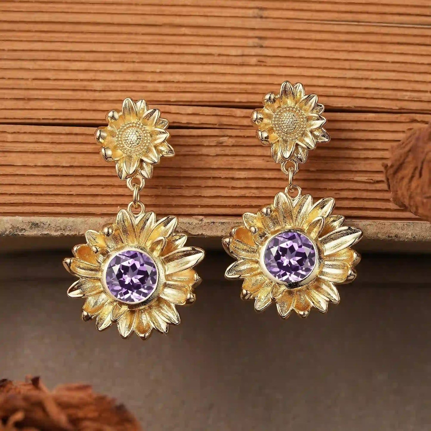 Round Cut Amethyst Earrings Sunflower Inspired Gift For Her - Ruth - GemsMagic