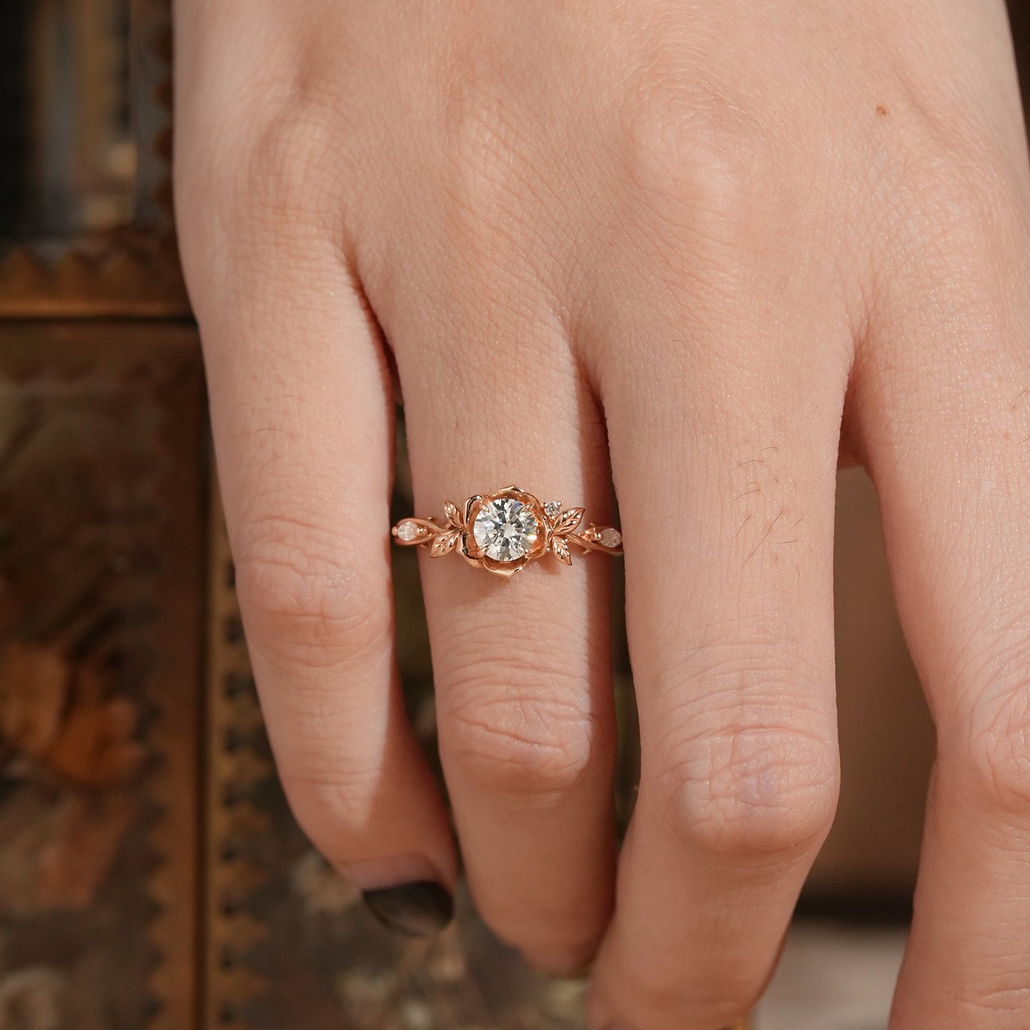 Round Cut Moissanite Flower Inspired Engagement Ring - Ellie - GemsMagic