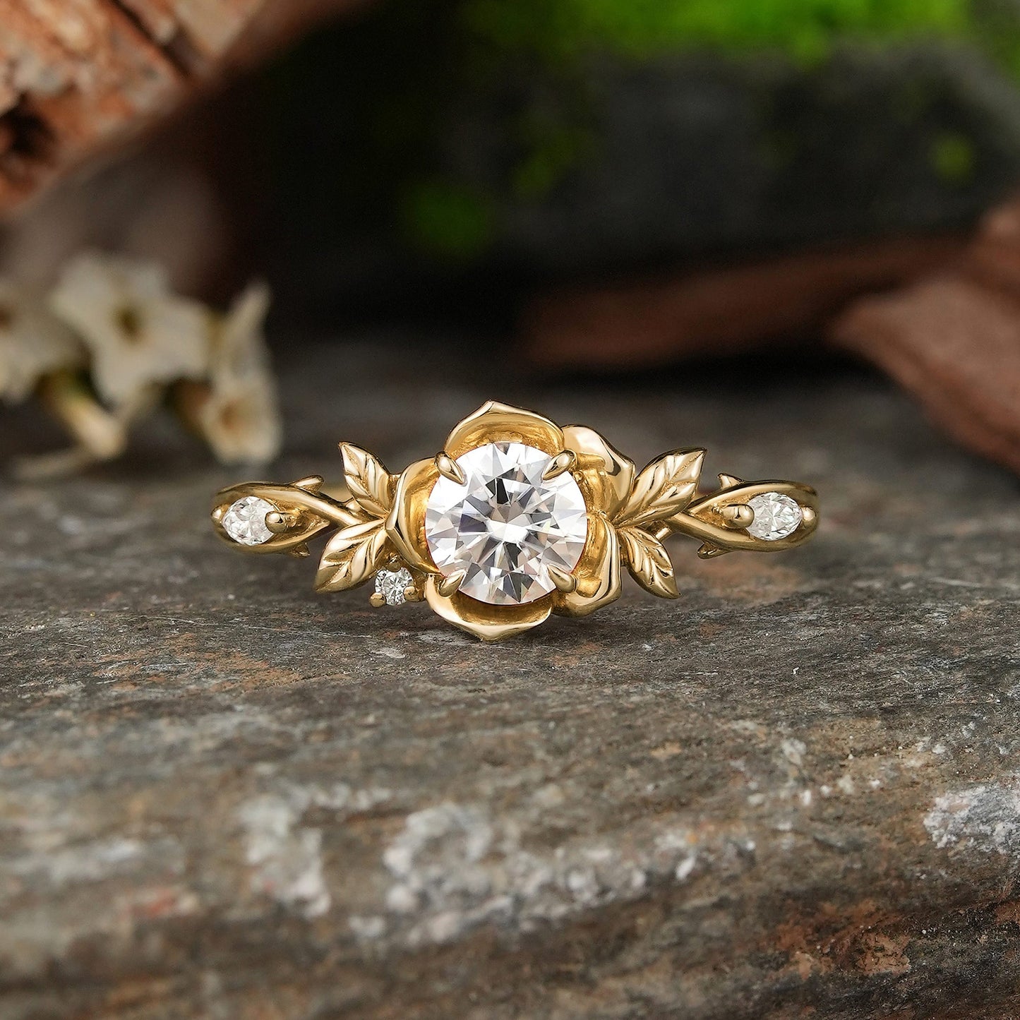 Round Cut Moissanite Flower Inspired Engagement Ring - Ellie - GemsMagic