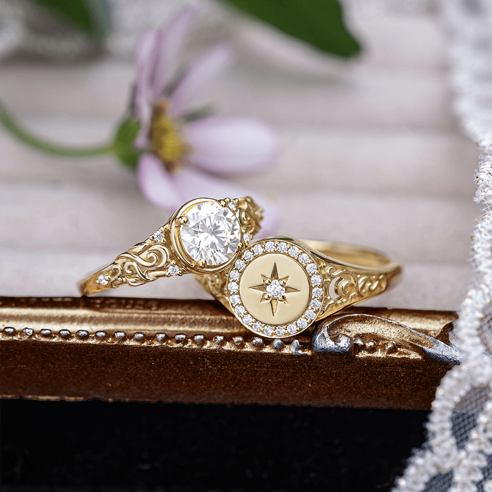 Round Cut Moissanite Leaf And Moon Inspired Engraved Signet Couple Wedding Ring Set - Gail & Daniel | GemsMagic - GemsMagic