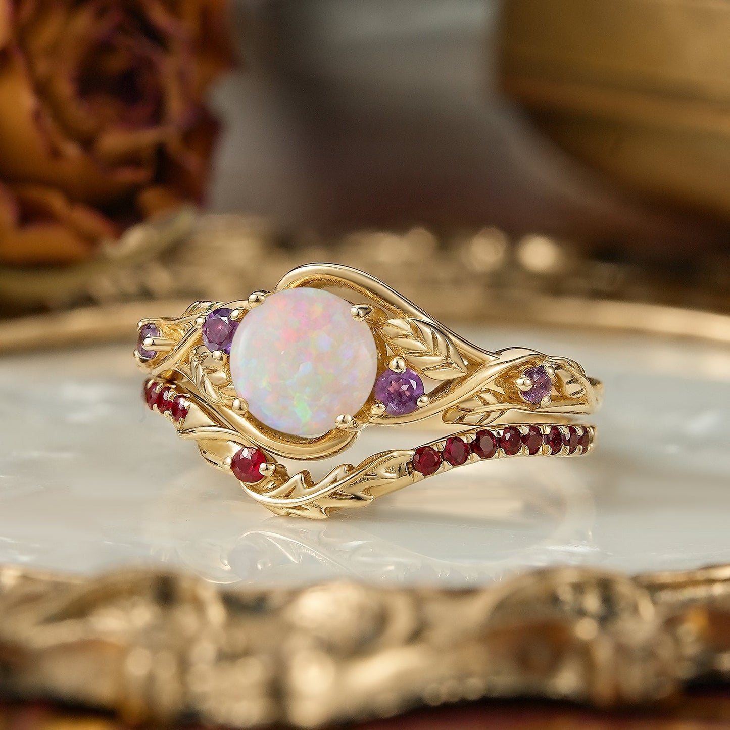 Round Cut Natural Opal Leaf Inspired Unique Bridal Ring Set - Tracy - GemsMagic