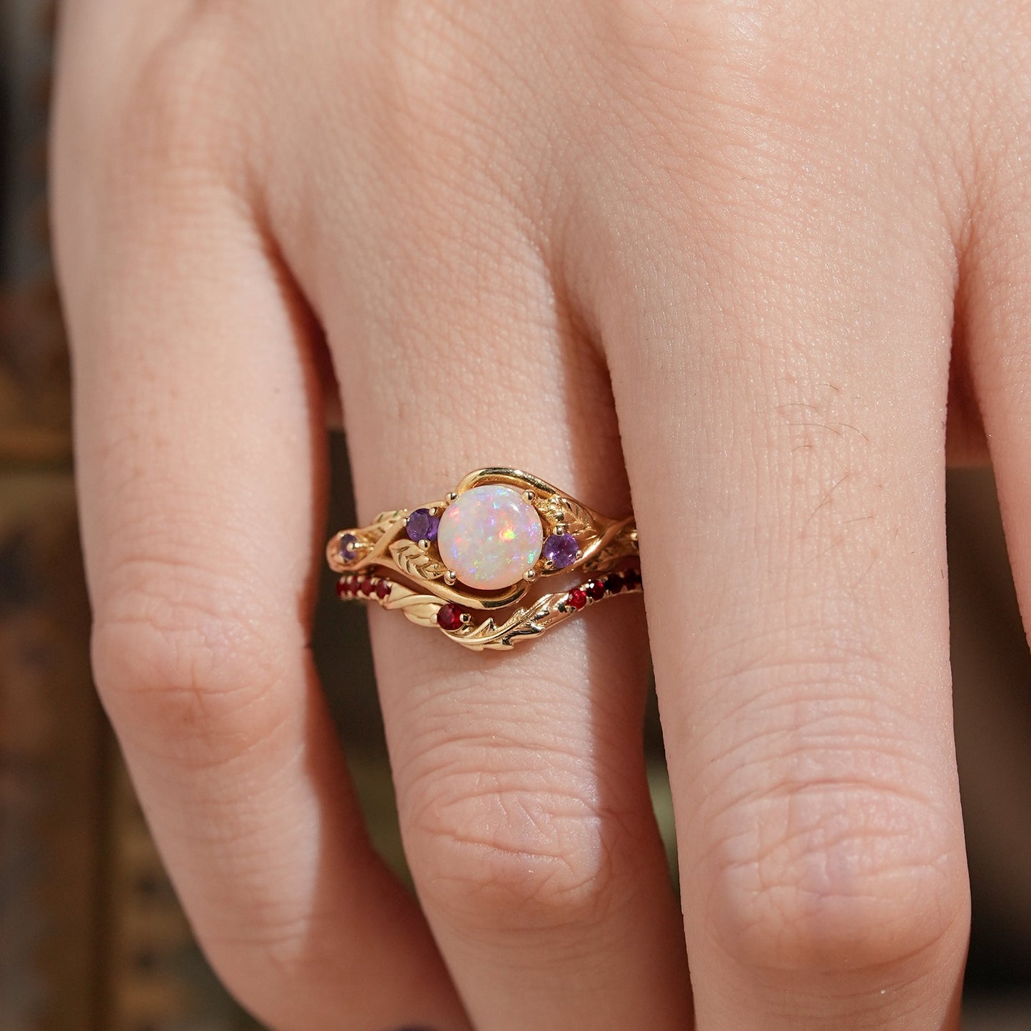 Round Cut Natural Opal Leaf Inspired Unique Bridal Ring Set - Tracy - GemsMagic