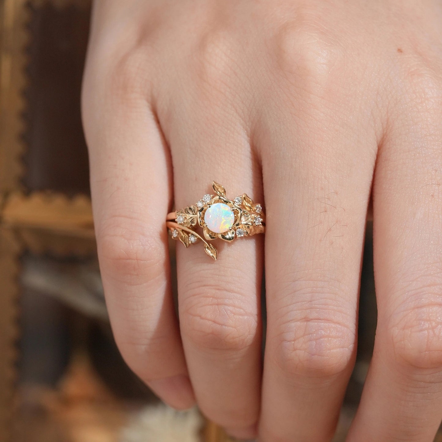 Round Cut Opal Nature Inspired Blooming Rose Bridal Ring Set With Ring Enhancer - Sylvaine | GemsMagic - GemsMagic