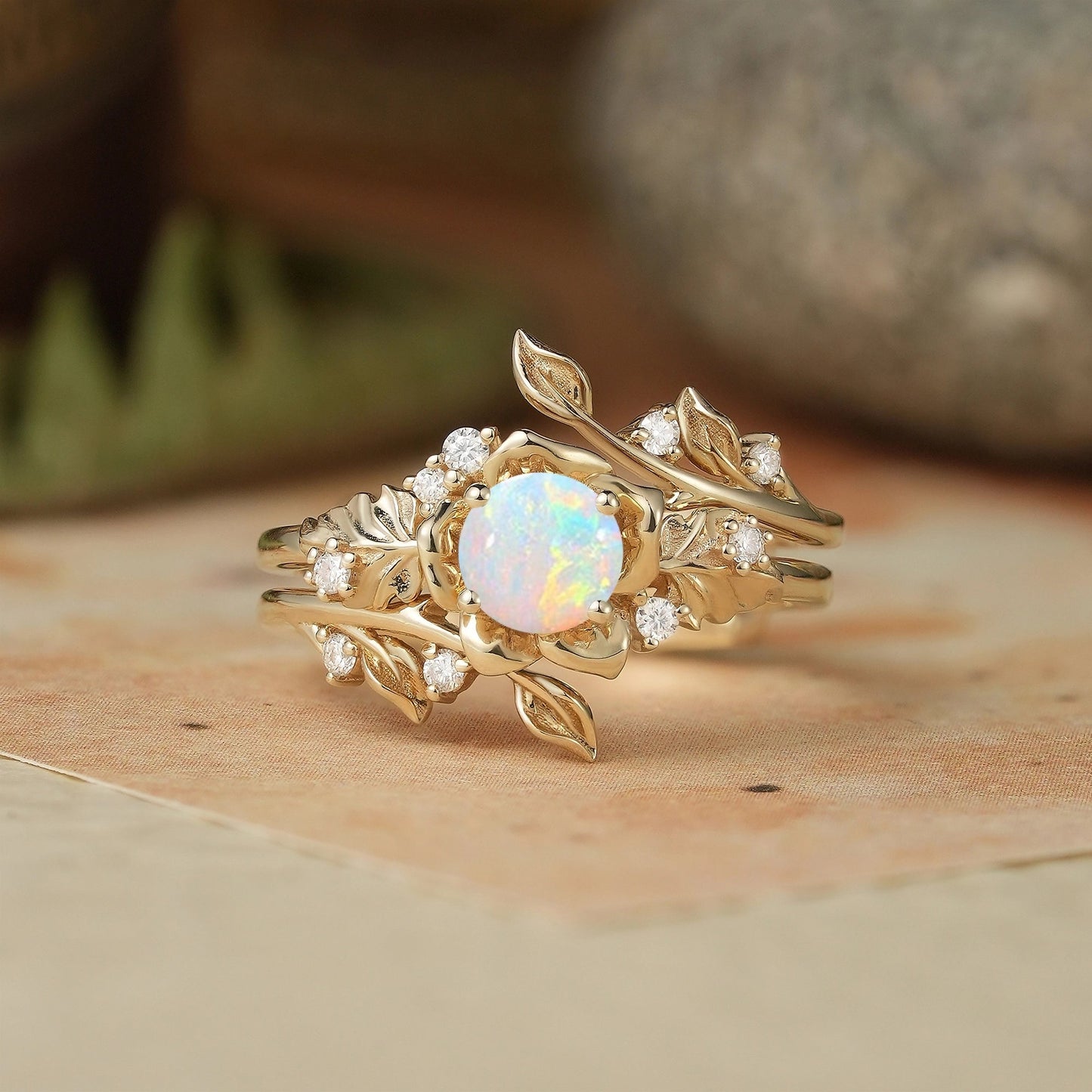 Round Cut Opal Nature Inspired Blooming Rose Bridal Ring Set With Ring Enhancer - Sylvaine | GemsMagic - GemsMagic