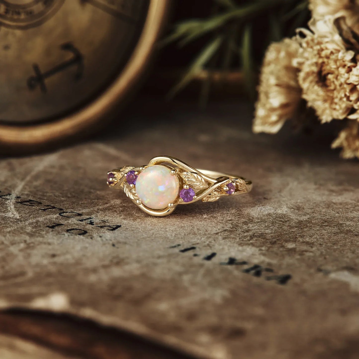 Round Cut Opal Ring with Amethyst - Dorothy - GemsMagic