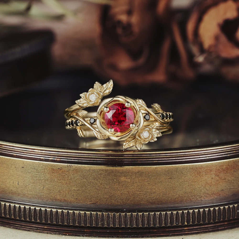 Round-Cut Ruby Ring Set With 3 Rose Designs | Rosalind