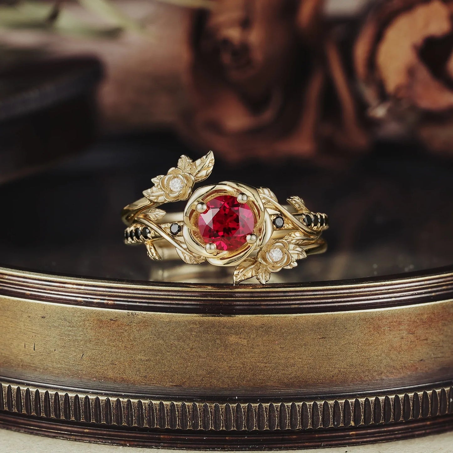 Round - Cut Ruby Ring Set With 3 Rose Designs | Rosalind - GemsMagic
