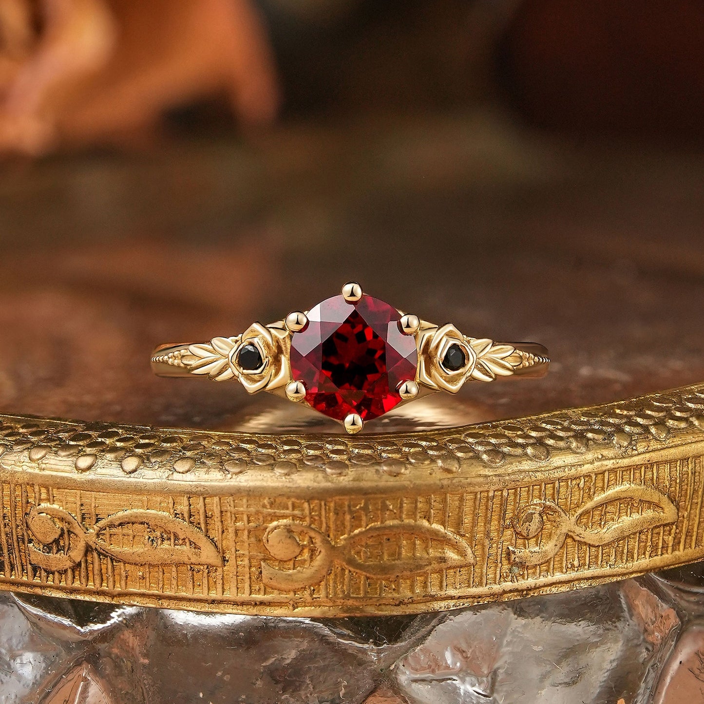 Round Cut Ruby Rose Inspired Milgrain Gothic Engagement Ring - Valeria | GemsMagic - GemsMagic