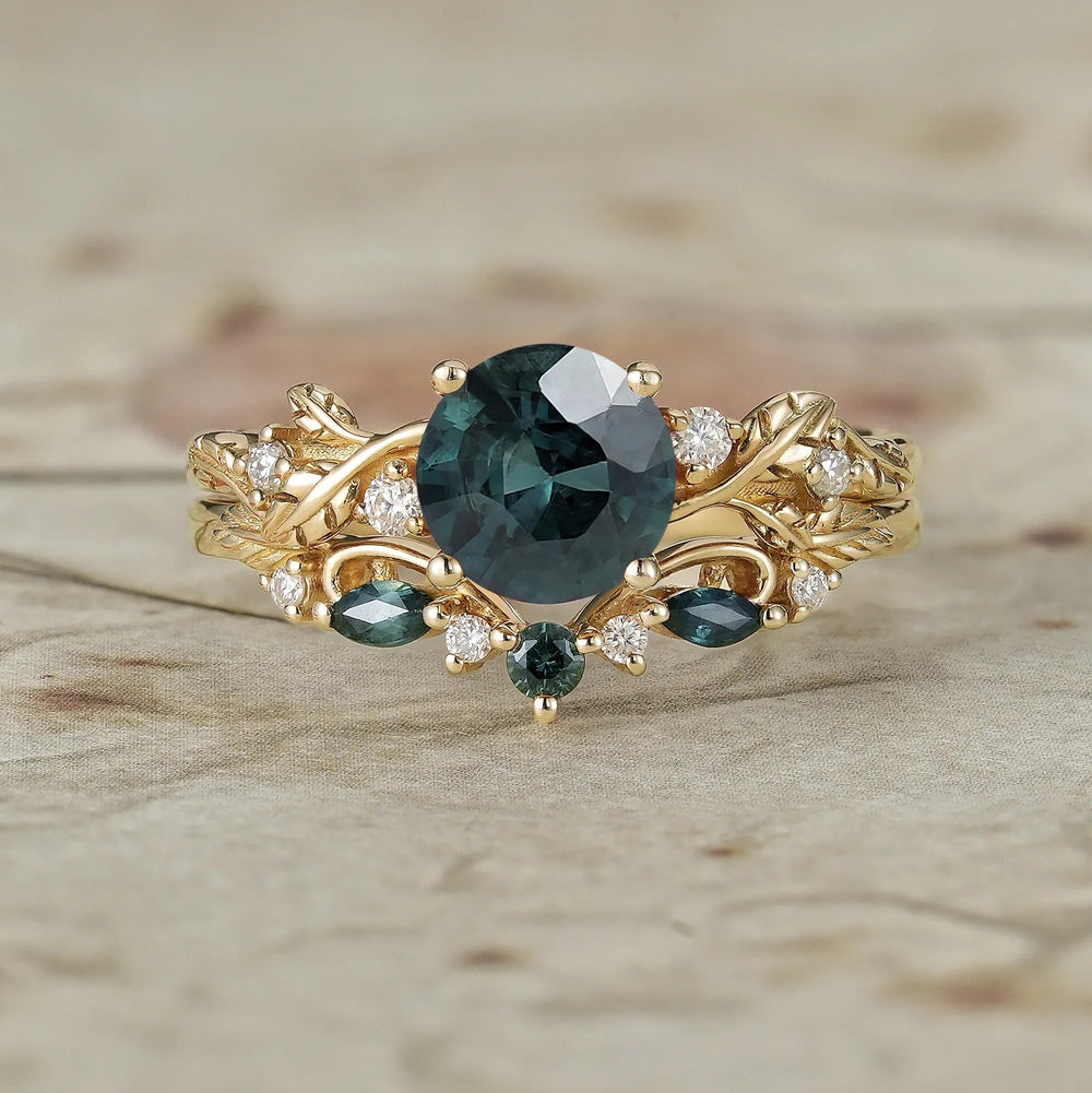 Round Cut Teal Sapphire Ring with Elegant Leaf Motif - Octavia