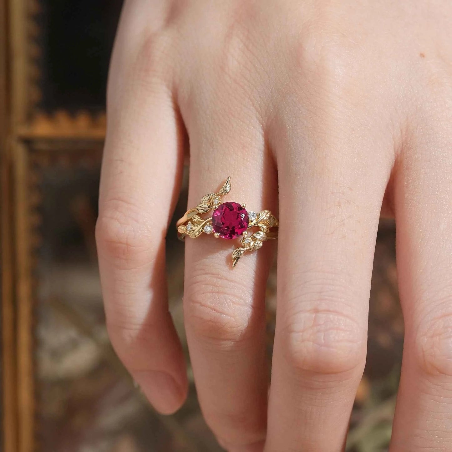 Round Ruby with Moissanite Floral Enhancer Ring Set - Nyx - GemsMagic