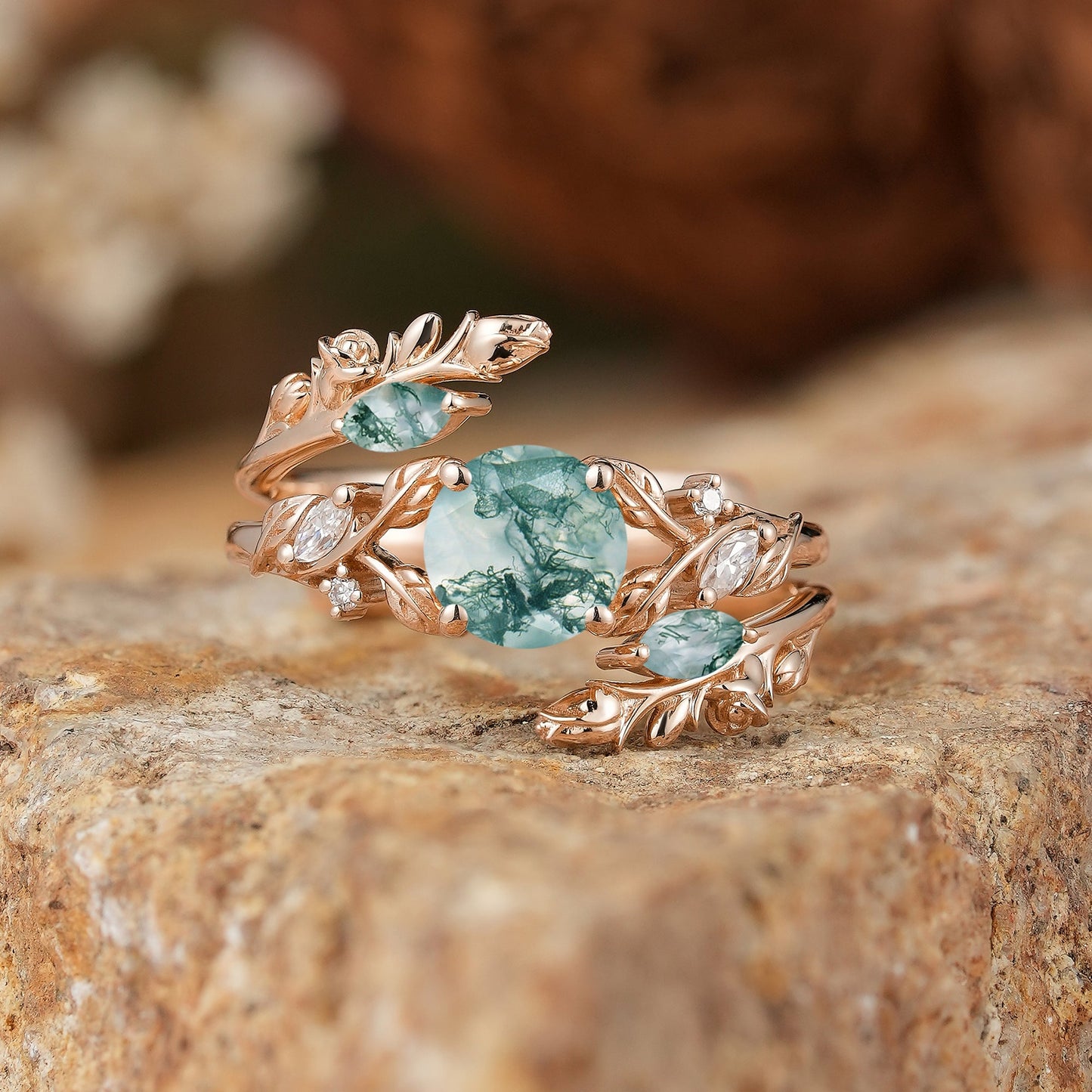 Round Shaped Moss Agate Nature Inspired Bridal Enhancer Ring Set - GemsMagic - GemsMagic