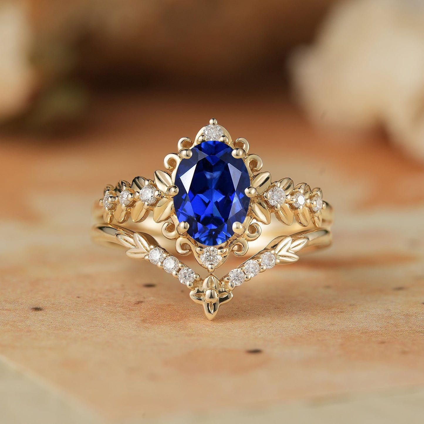 Royal Blue Sapphire Leaf Bridal Ring Set - Tamsin - GemsMagic