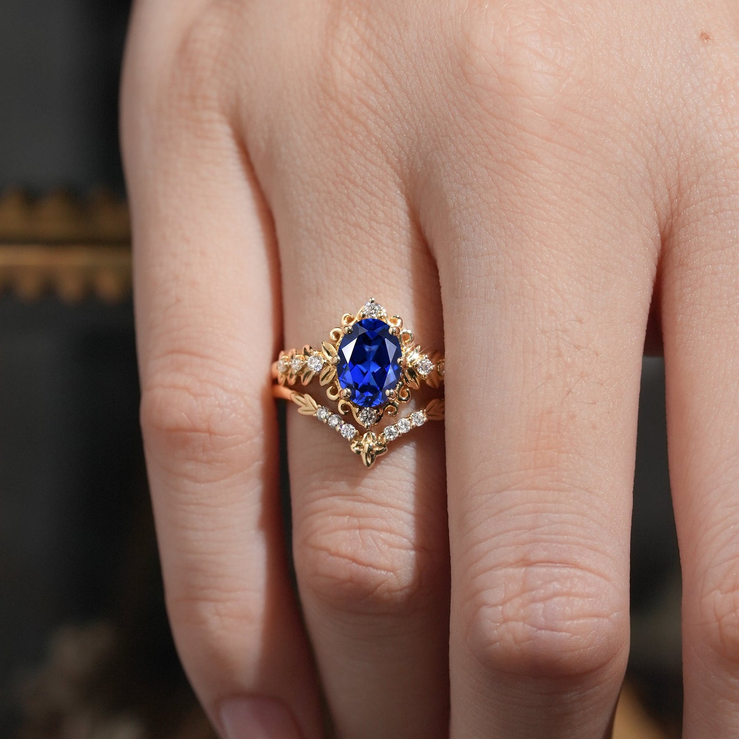Royal Blue Sapphire Leaf Bridal Ring Set - Tamsin - GemsMagic