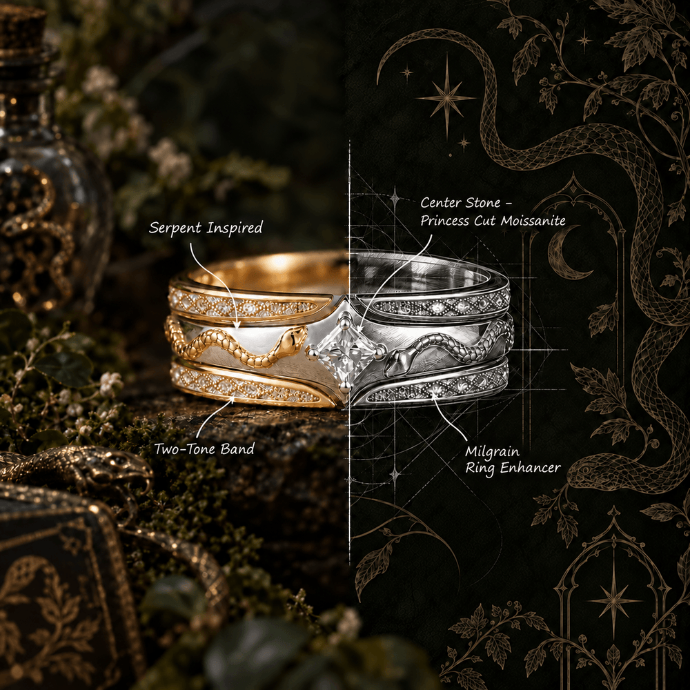 Unique Princess Cut Moissanite Serpent Inspired Men's Ring With Milgrain Ring Enhancer - Cassian | GemsMagic