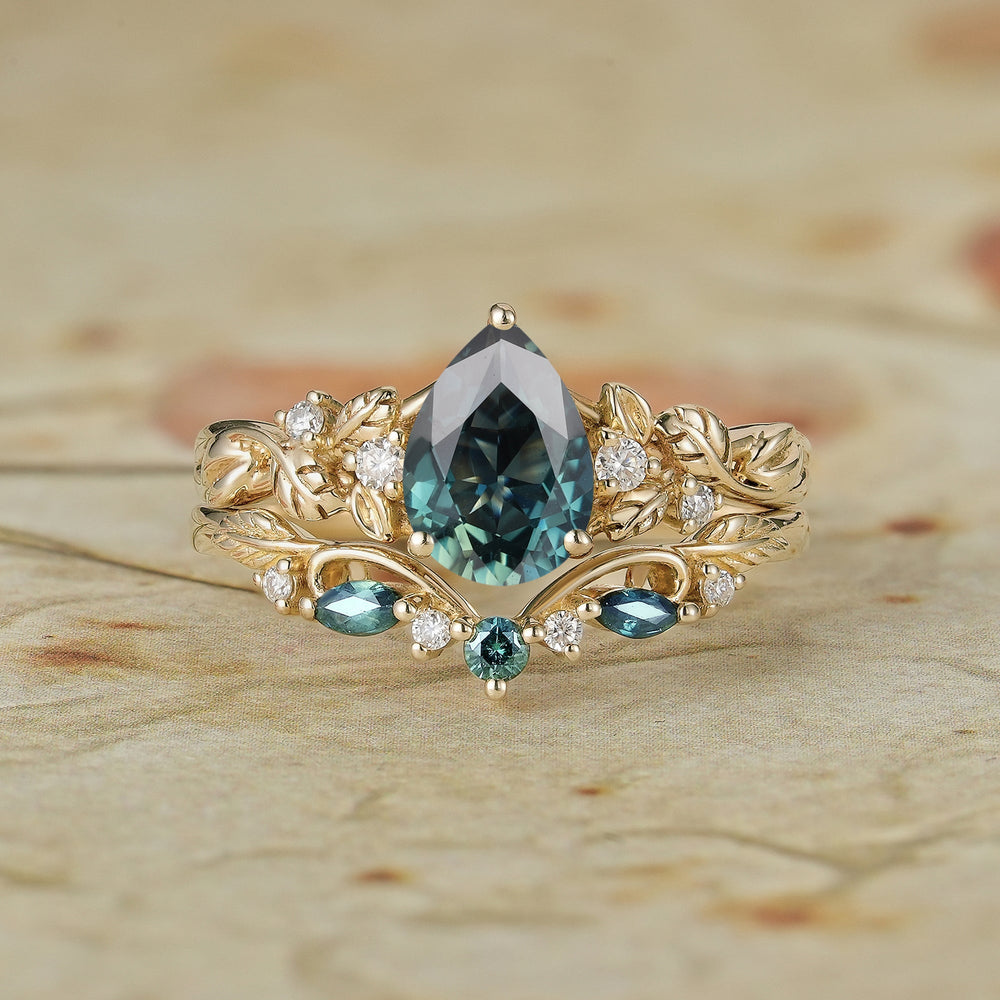 Signature Pear Vintage Teal Sapphire Engagement Ring Set 2pcs - Octavia