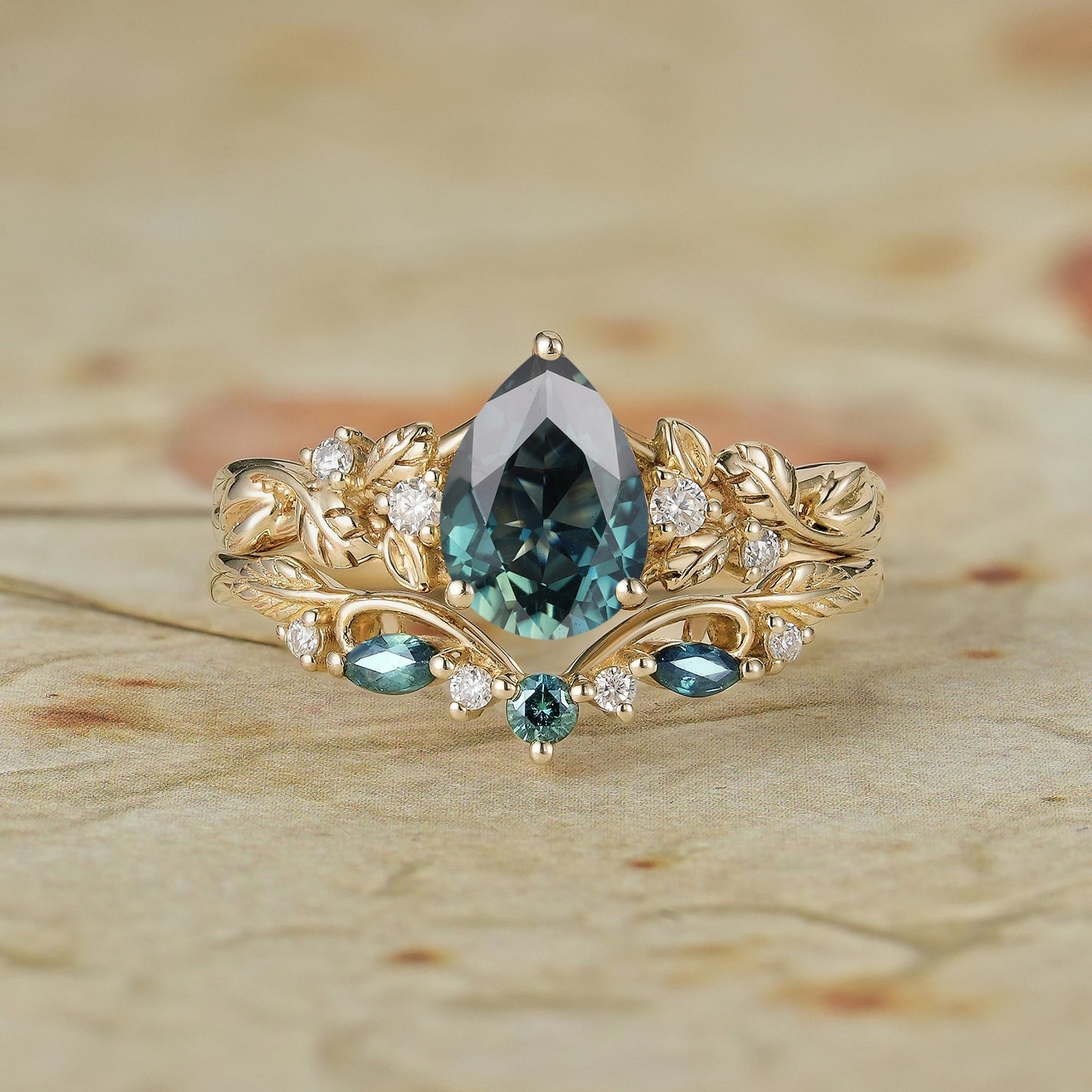 Signature Pear Vintage Teal Sapphire Engagement Ring Set 2pcs - Octavia - GemsMagic
