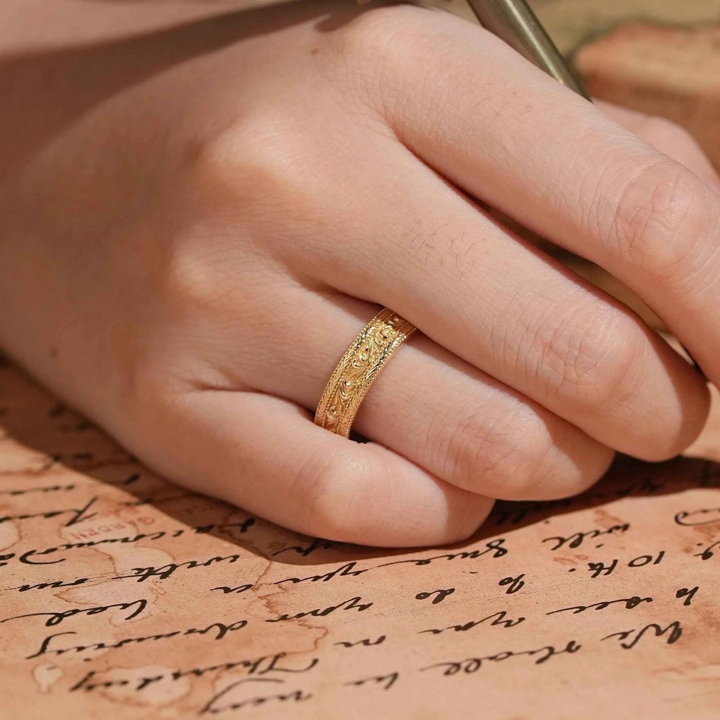 Solid Gold Leaf And Vine Milgrain Men's Ring - Bradley - GemsMagic