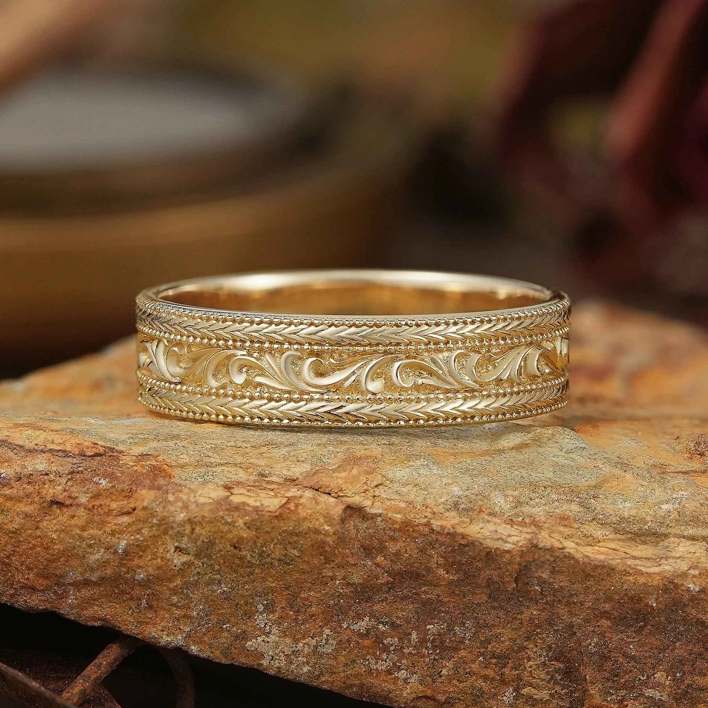 Solid Gold Leaf And Vine Milgrain Men's Ring - Bradley - GemsMagic